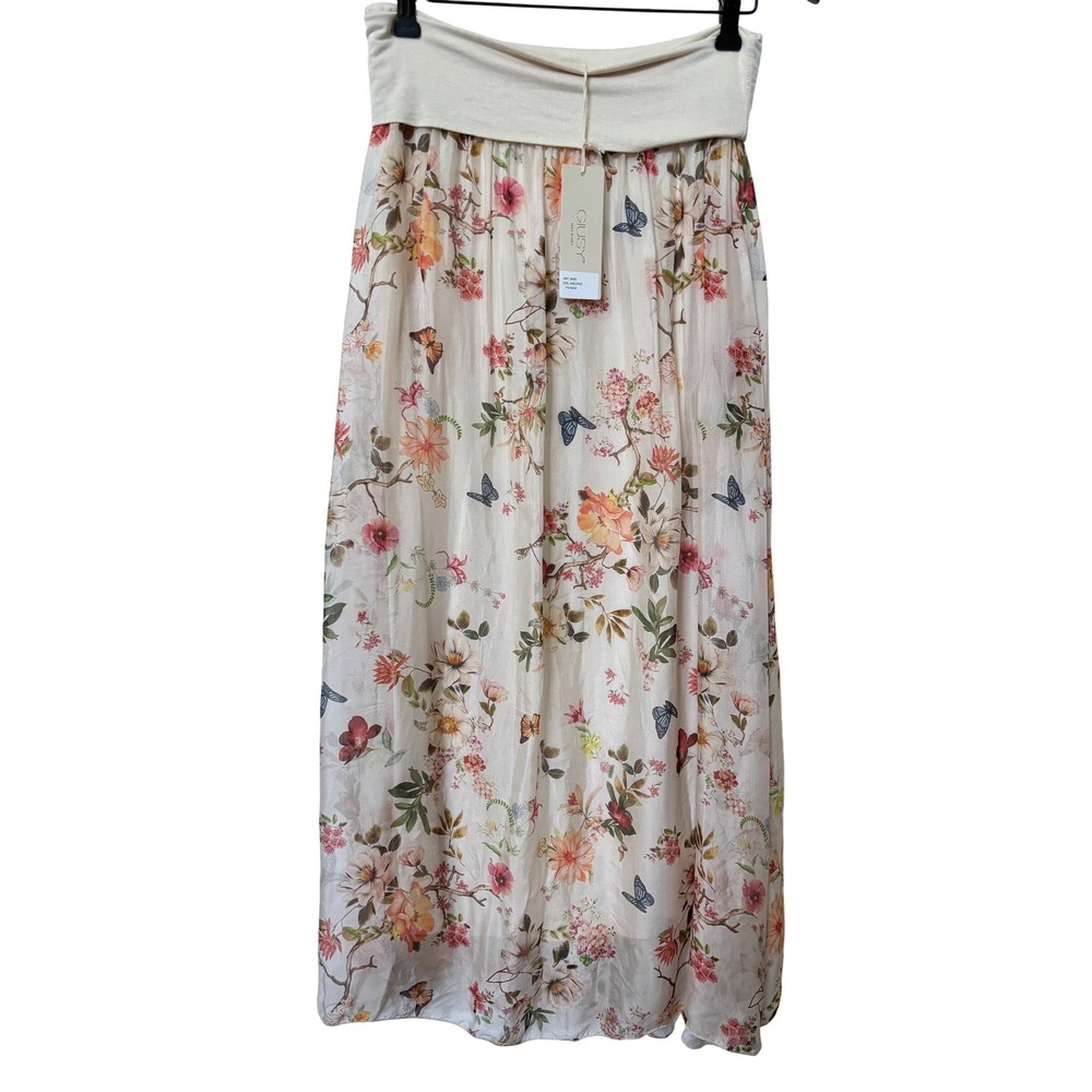 Giusy Made in Italy Silk Blend Floral Butterfly Maxi Skirt Cream Size M NWT